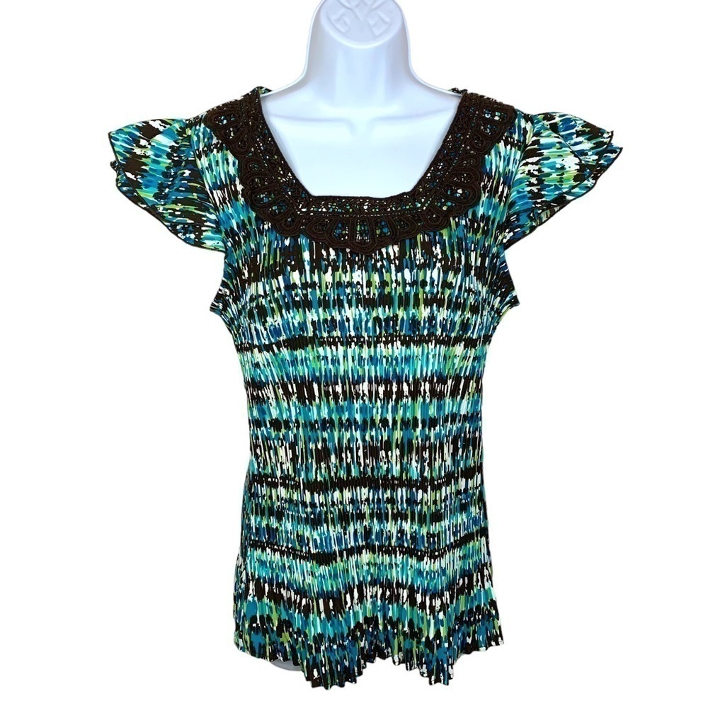 Petite Large Christopher And Banks Blue Green Stretch Blouse Boho Lace Accent
